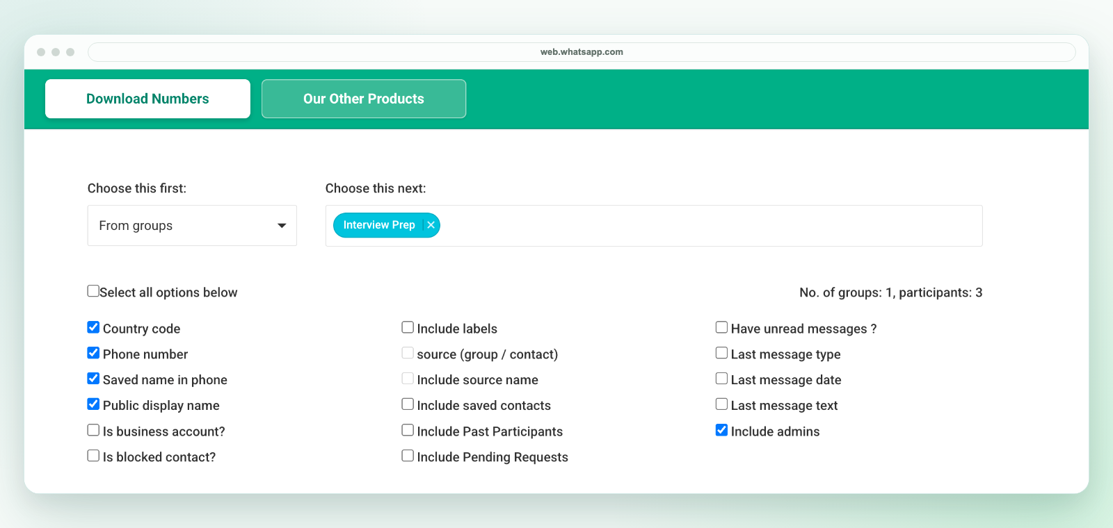 Chrome extension screen for selecting WhatsApp group contact fields before export